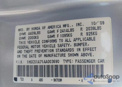 2010 Honda Accord 2.4 Ex из США, поврежденный, VIN 1HGCS1A71AA003690